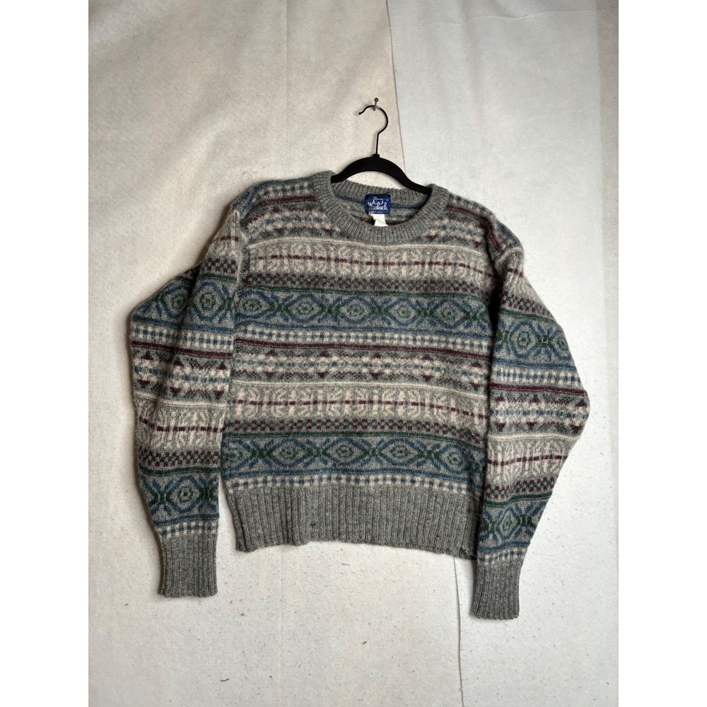 Woolrich Vtg Mens Fair Isle Wool Sweater Grey Blue Geometric see measurements